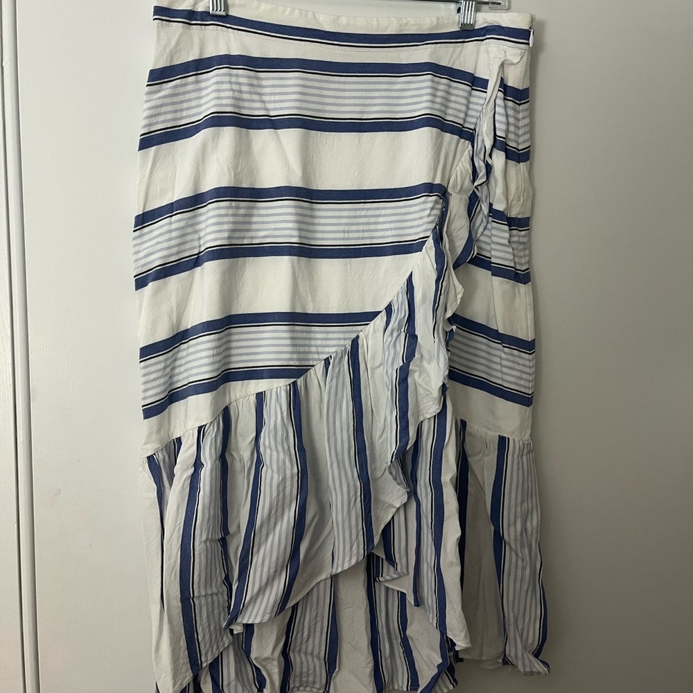 Blue and white striped loft midi skirt